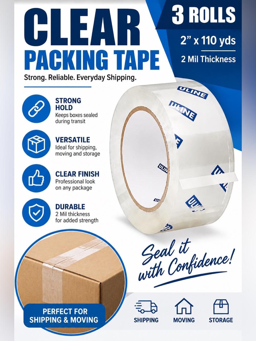 3 Rolls | 2” x 110 yds Clear Packing Tape | 2 Mil Thickness